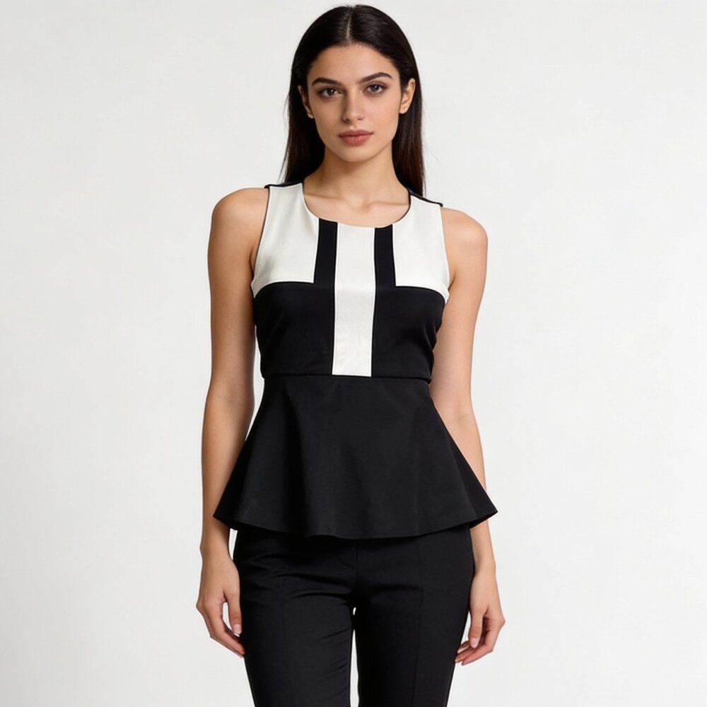 BANANA REPUBLIC | Black & Cream Colorblock Peplum Sleeveless Top Sz 0